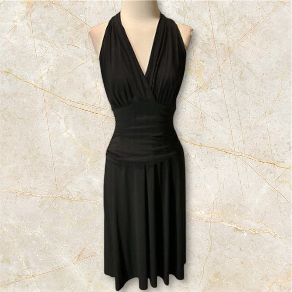 Nine West Size 14 Sleeveless Black V Neck Dress W Ruched Waist - Picture 1 of 8